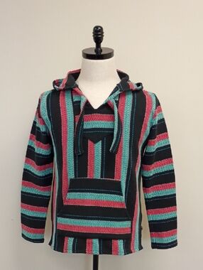 Striped Baja Hoodie in Black, Teal & Pink